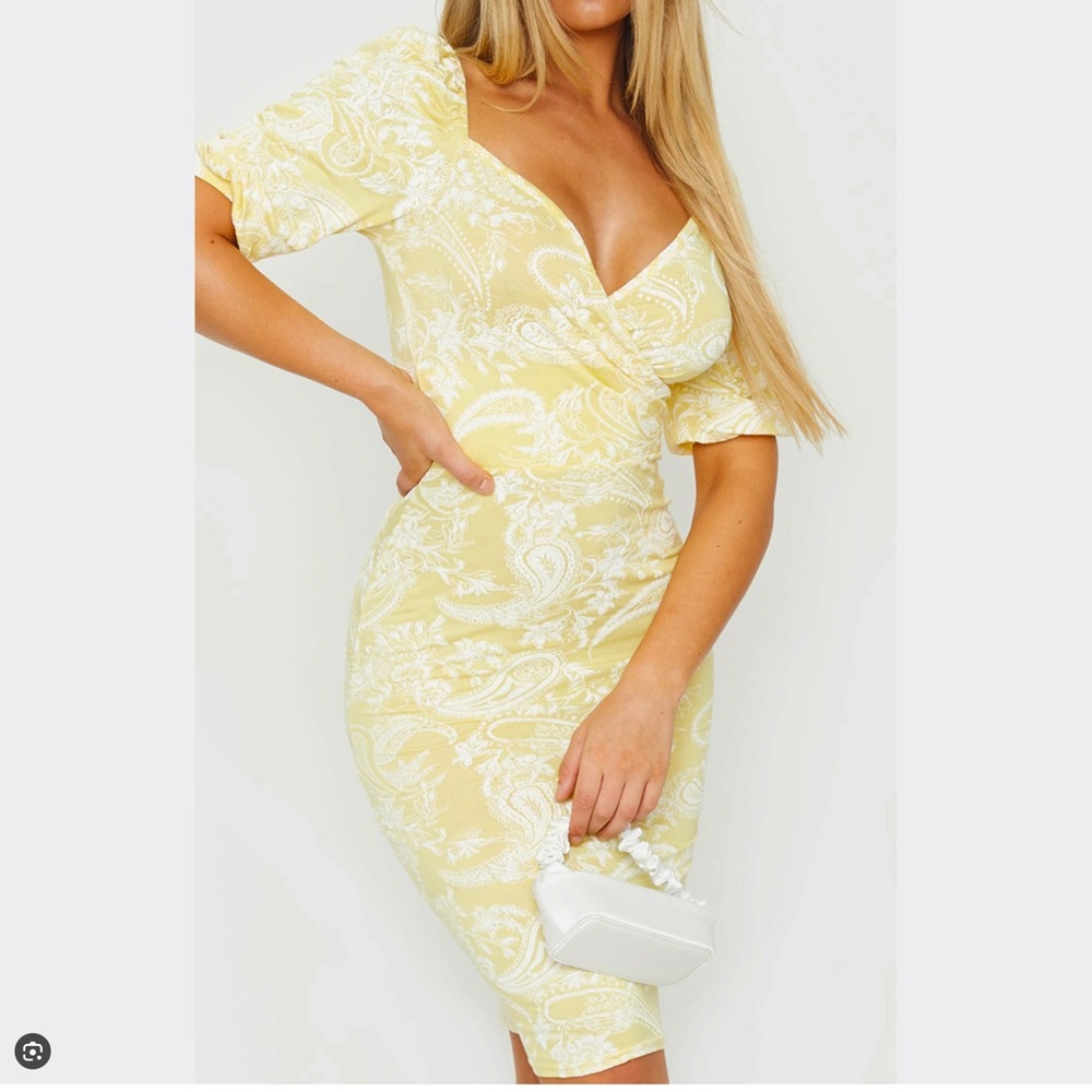 PrettyLittleThing lemon bandana print wrap puff sleeve dress